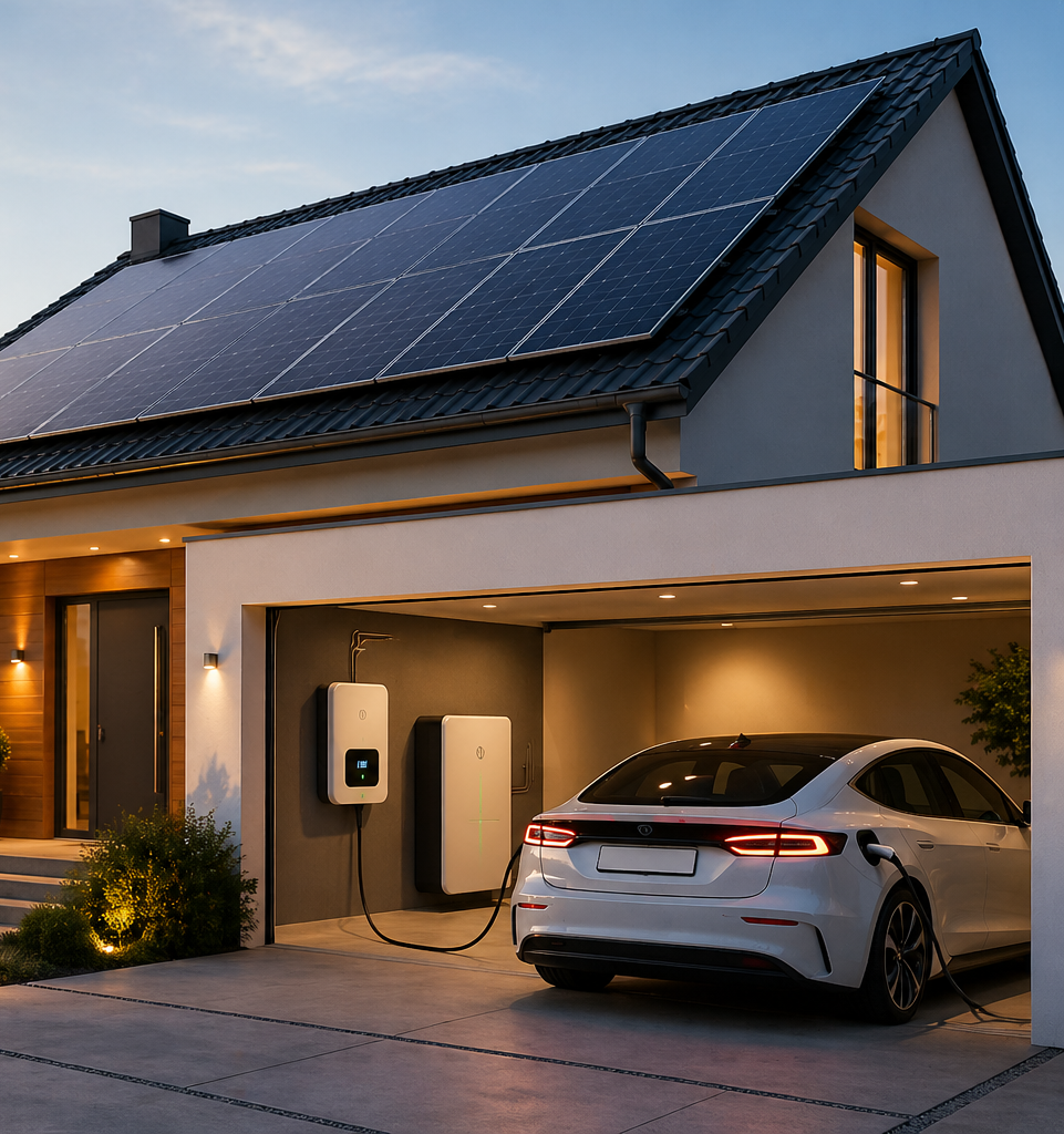 Modern home with rooftop solar panels, home battery and electric vehicle charging in the garage